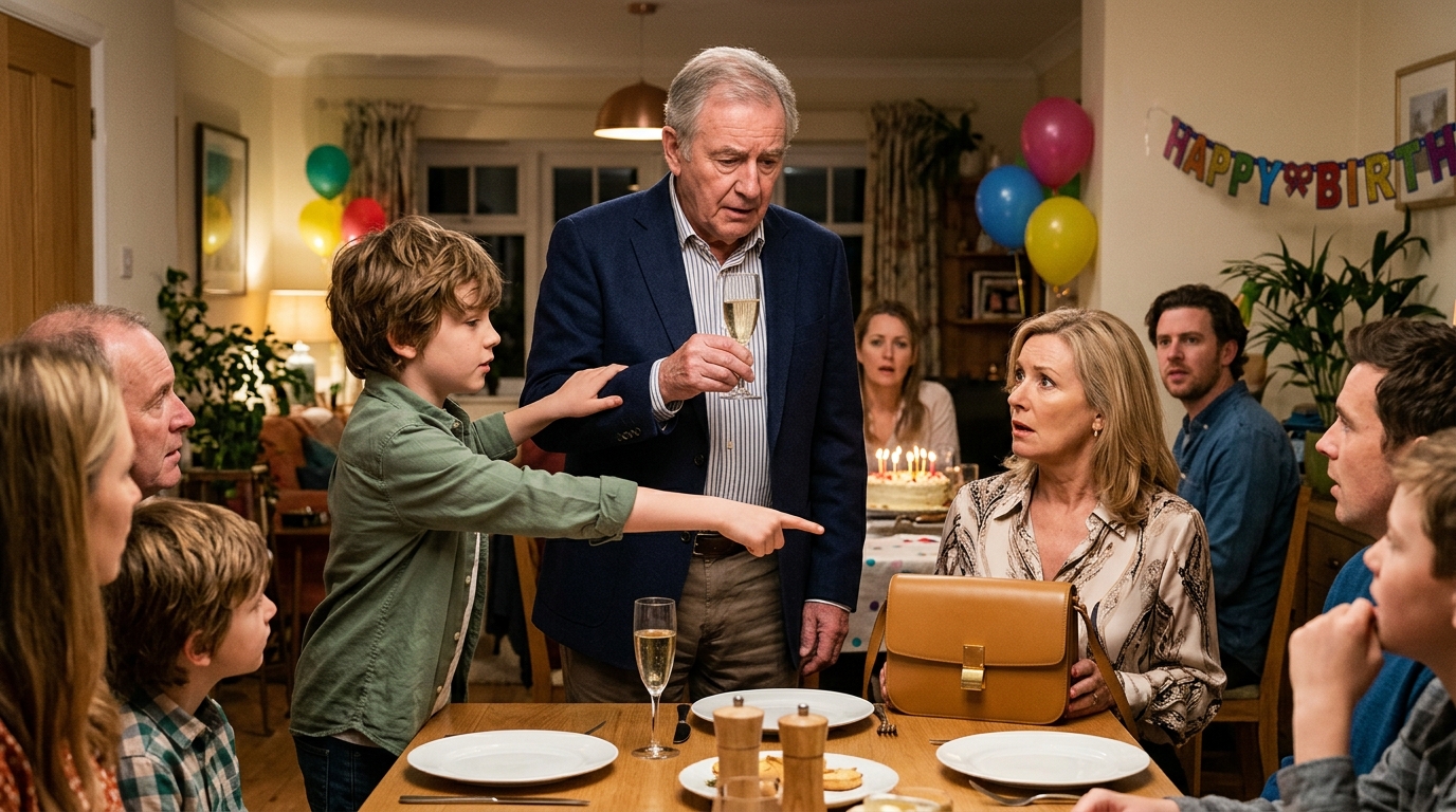 The Boy Stopped The Toast At His Grandfather’s Birthday. Then He Pointed At The New Wife’s Purse