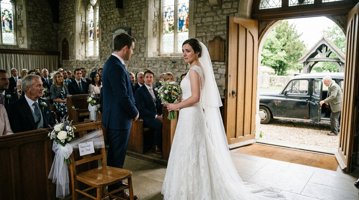 The Bride Left One Empty Chair For The Father Who Abandoned Her. Then An Old Taxi Stopped Outside The Church