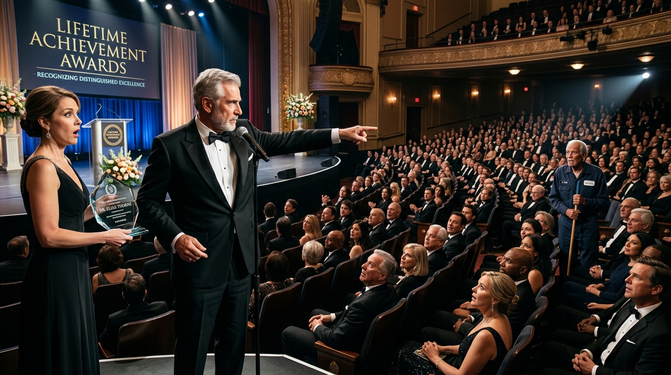 The Famous Doctor Refused His Lifetime Award. Then He Pointed To The Old Janitor In The Back Row