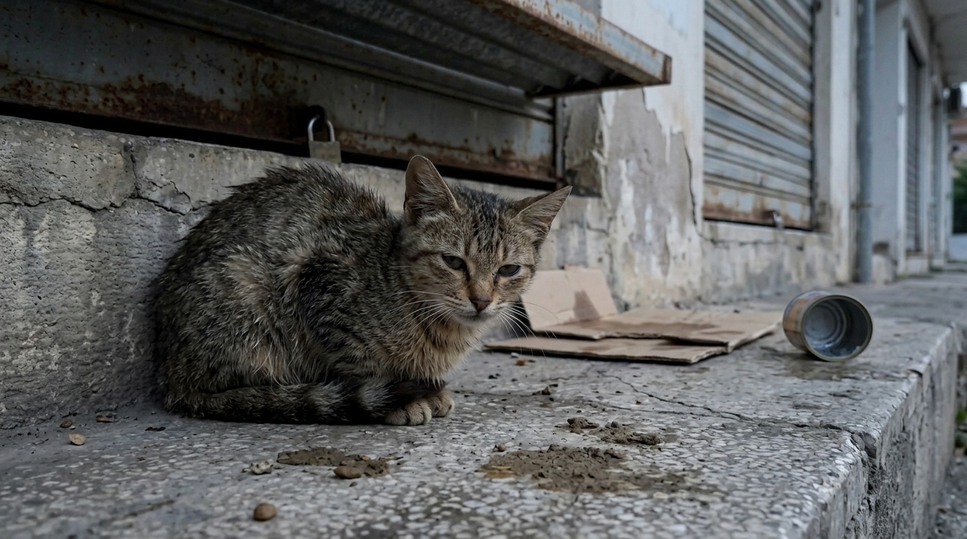 Child Leaving Food for a Stray Cat at Nightfall