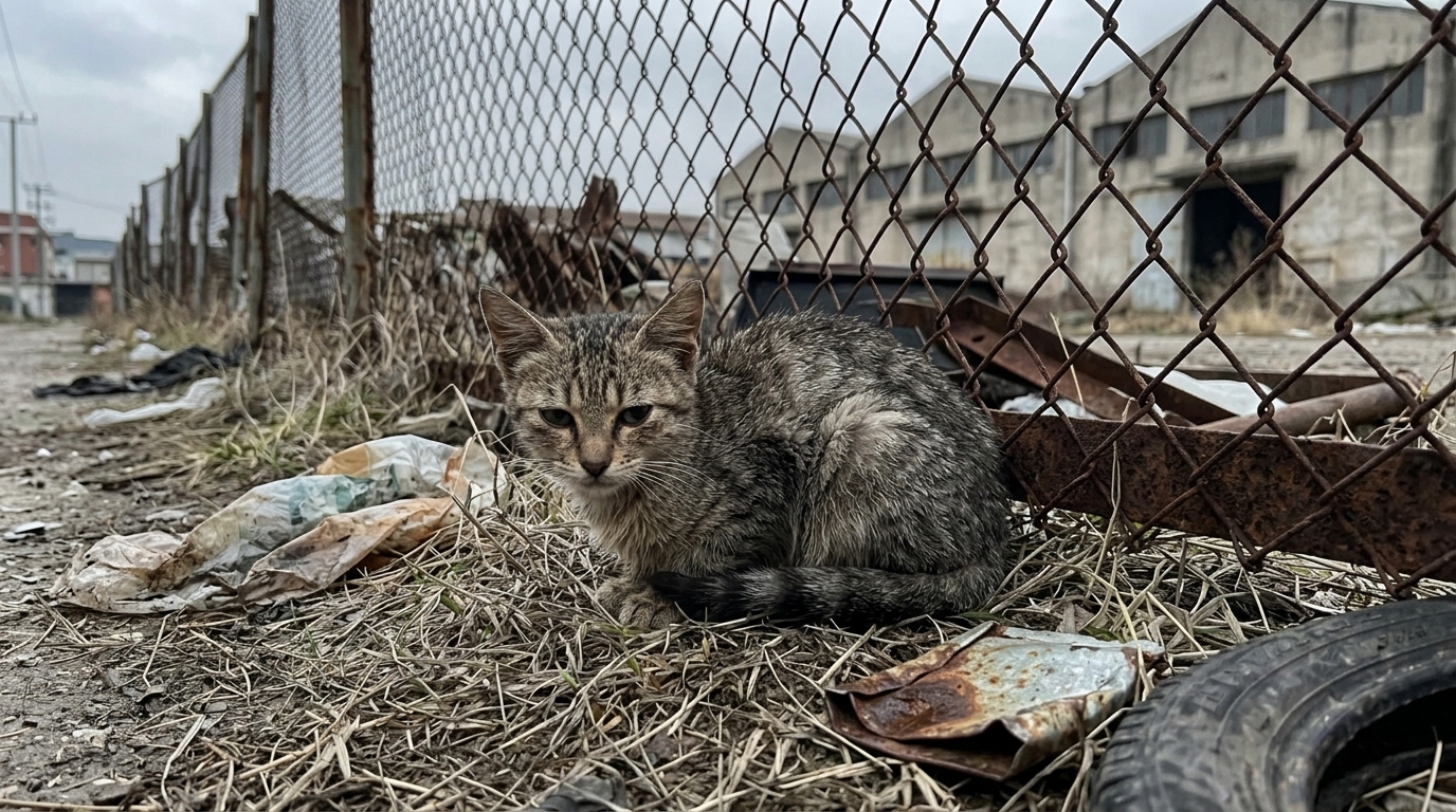 Child Leaving Food for a Stray Cat at Nightfall
