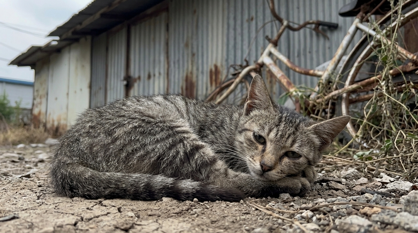 Child Leaving Food for a Stray Cat at Nightfall