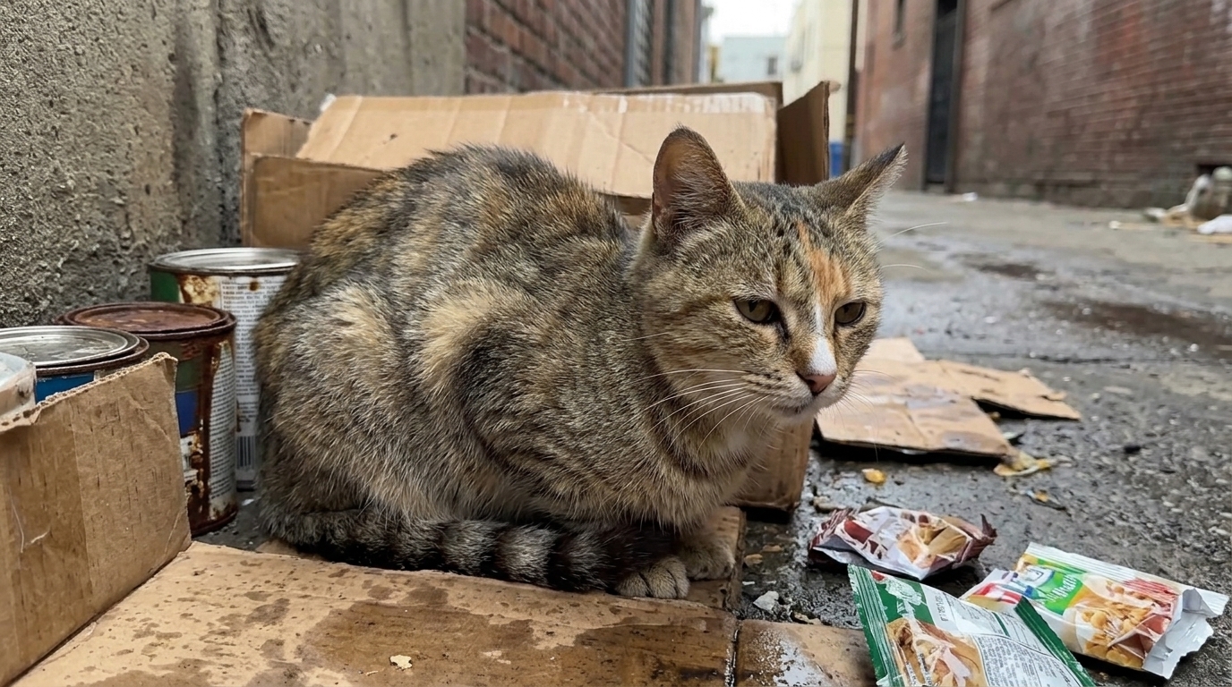 Elderly Woman Giving a Blanket to a Stray Cat