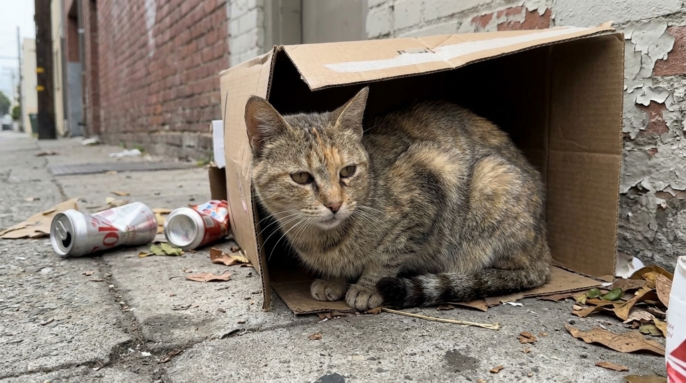 Elderly Woman Giving a Blanket to a Stray Cat