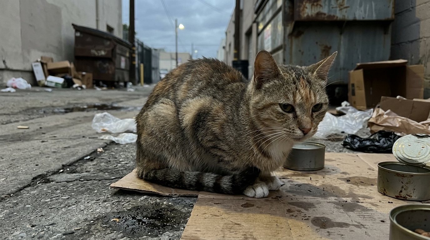 Elderly Woman Giving a Blanket to a Stray Cat