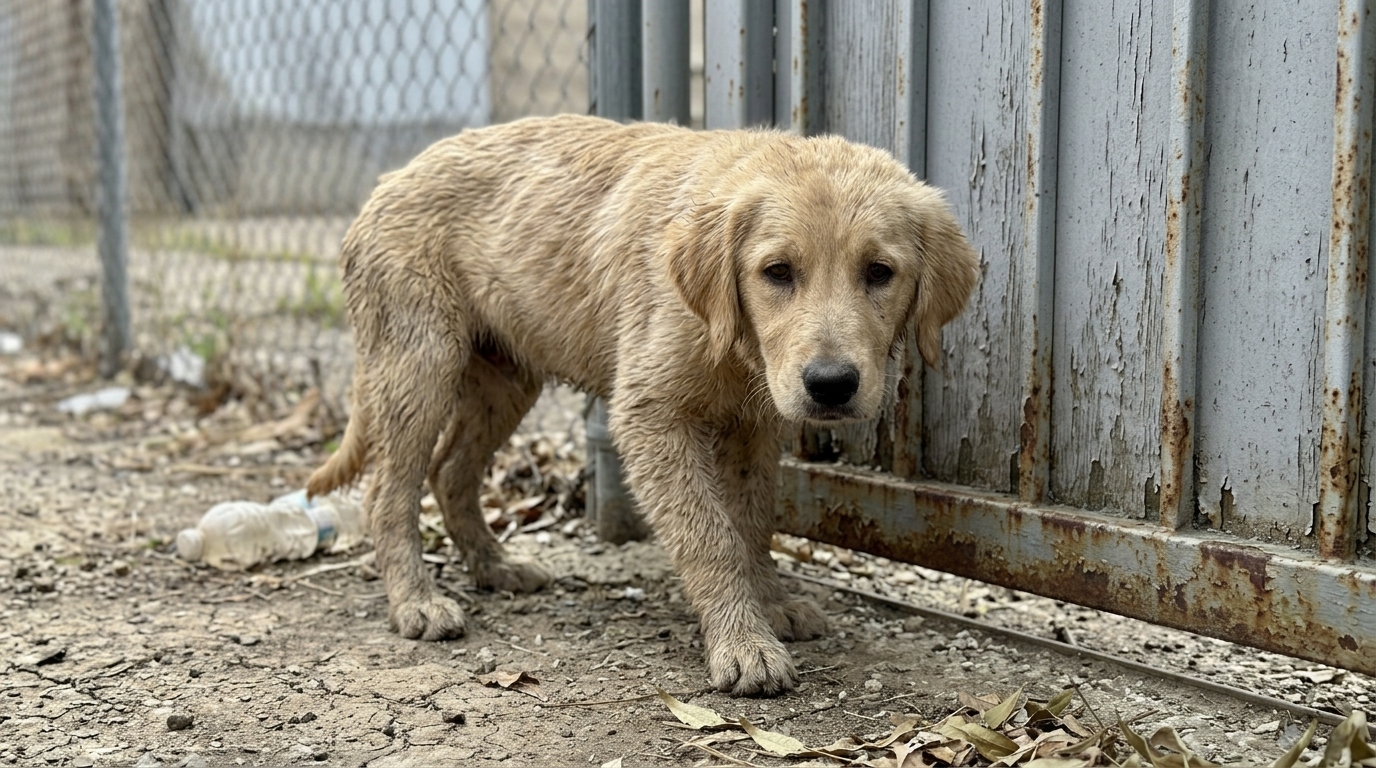 Little Puppy Waiting Near a School Gate
