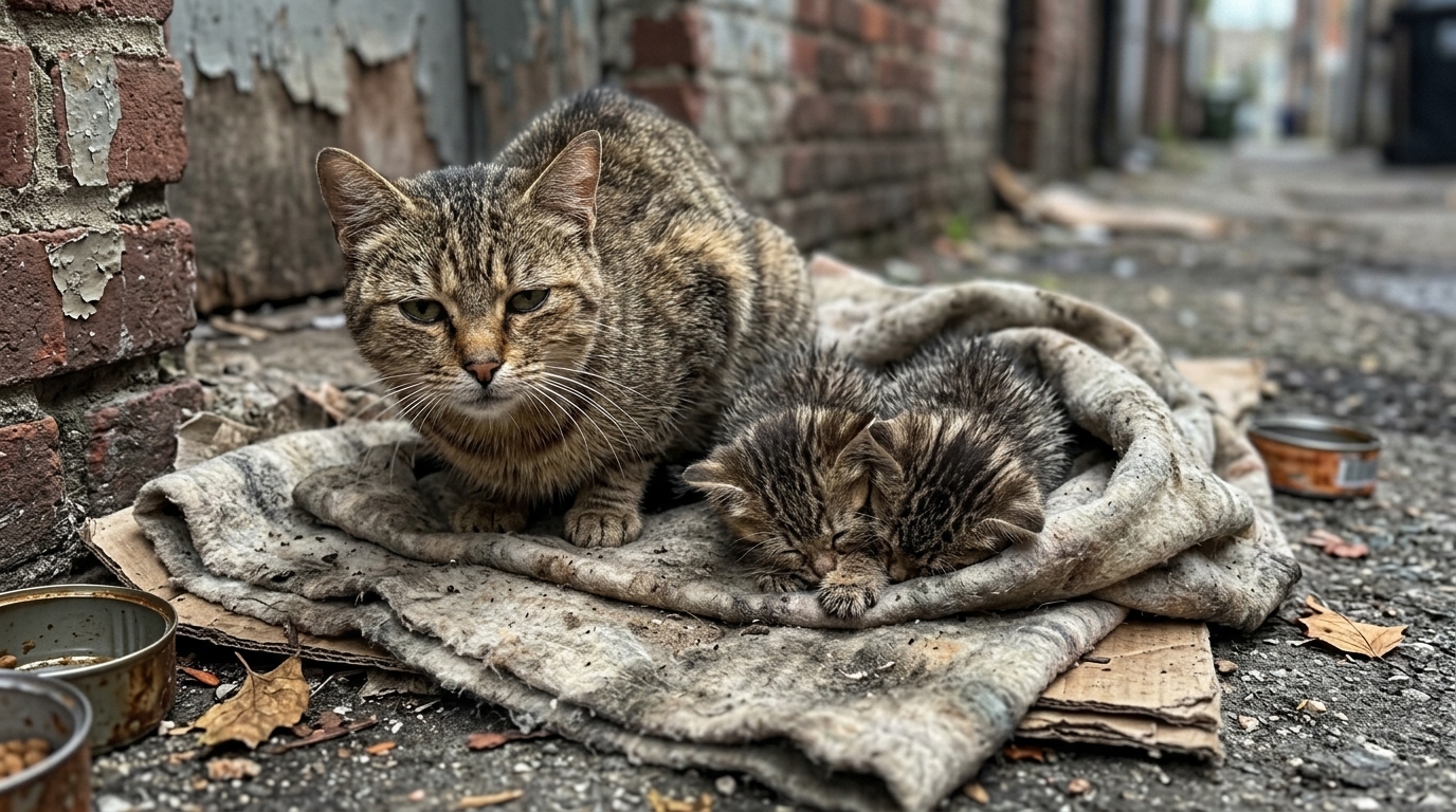 Mother Cat Eating While Kittens Sleep Nearby