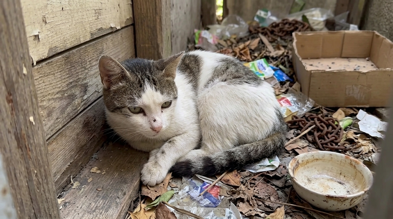 Volunteer Helping a Stray Cat Near a Flower Pot