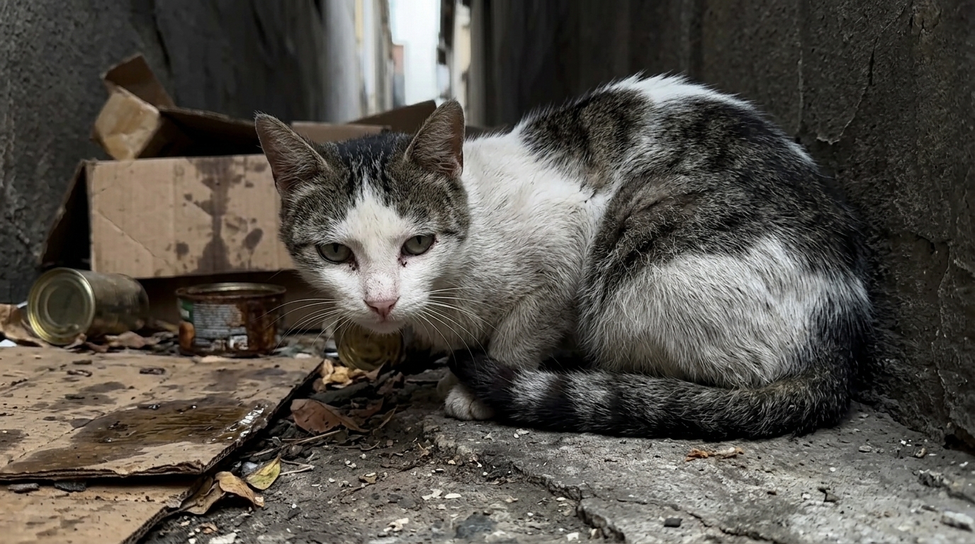 Volunteer Helping a Stray Cat Near a Flower Pot