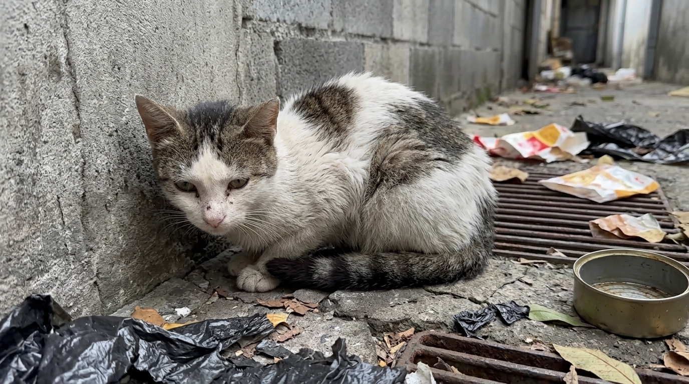 Volunteer Helping a Stray Cat Near a Flower Pot