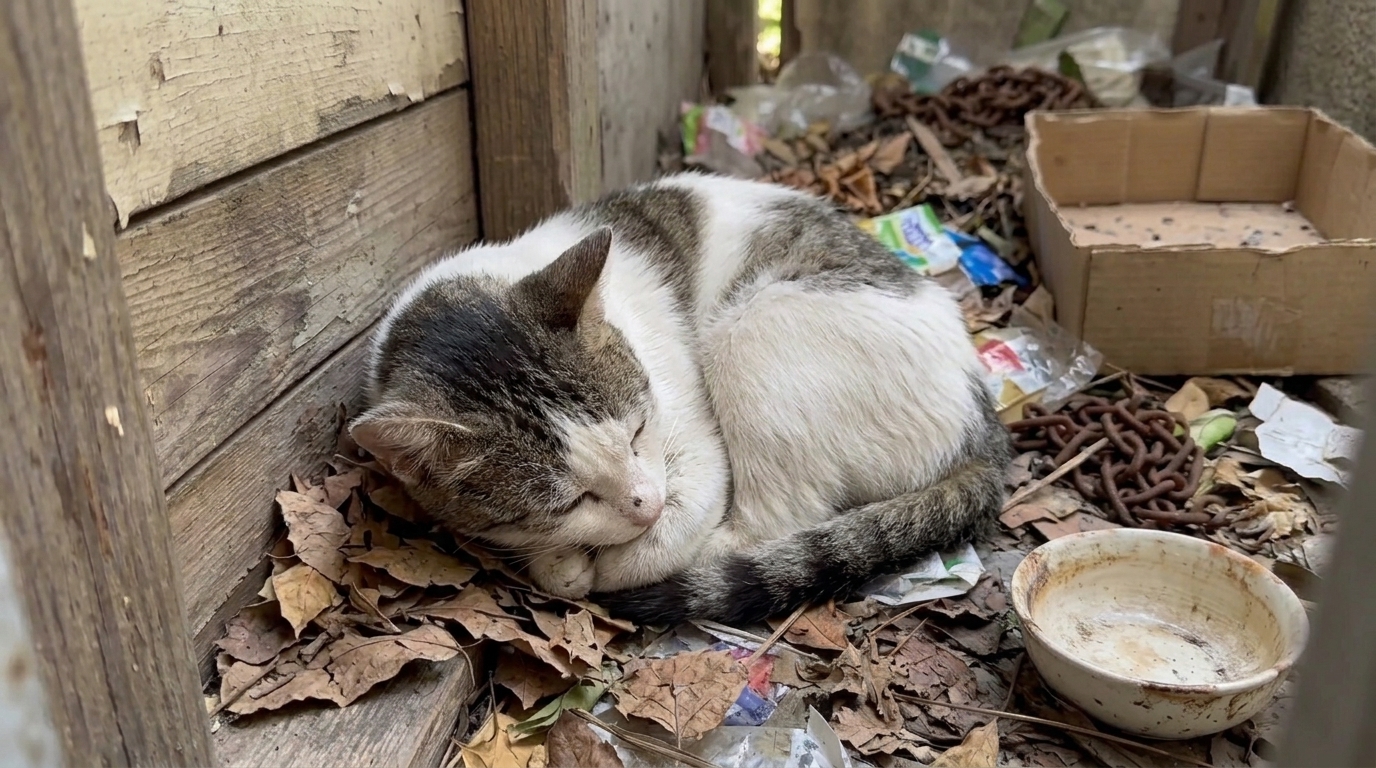 Volunteer Helping a Stray Cat Near a Flower Pot