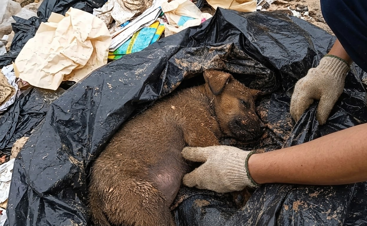 Beneath a Heap of Roadside Waste, Two Tiny Puppies Were Still Alive