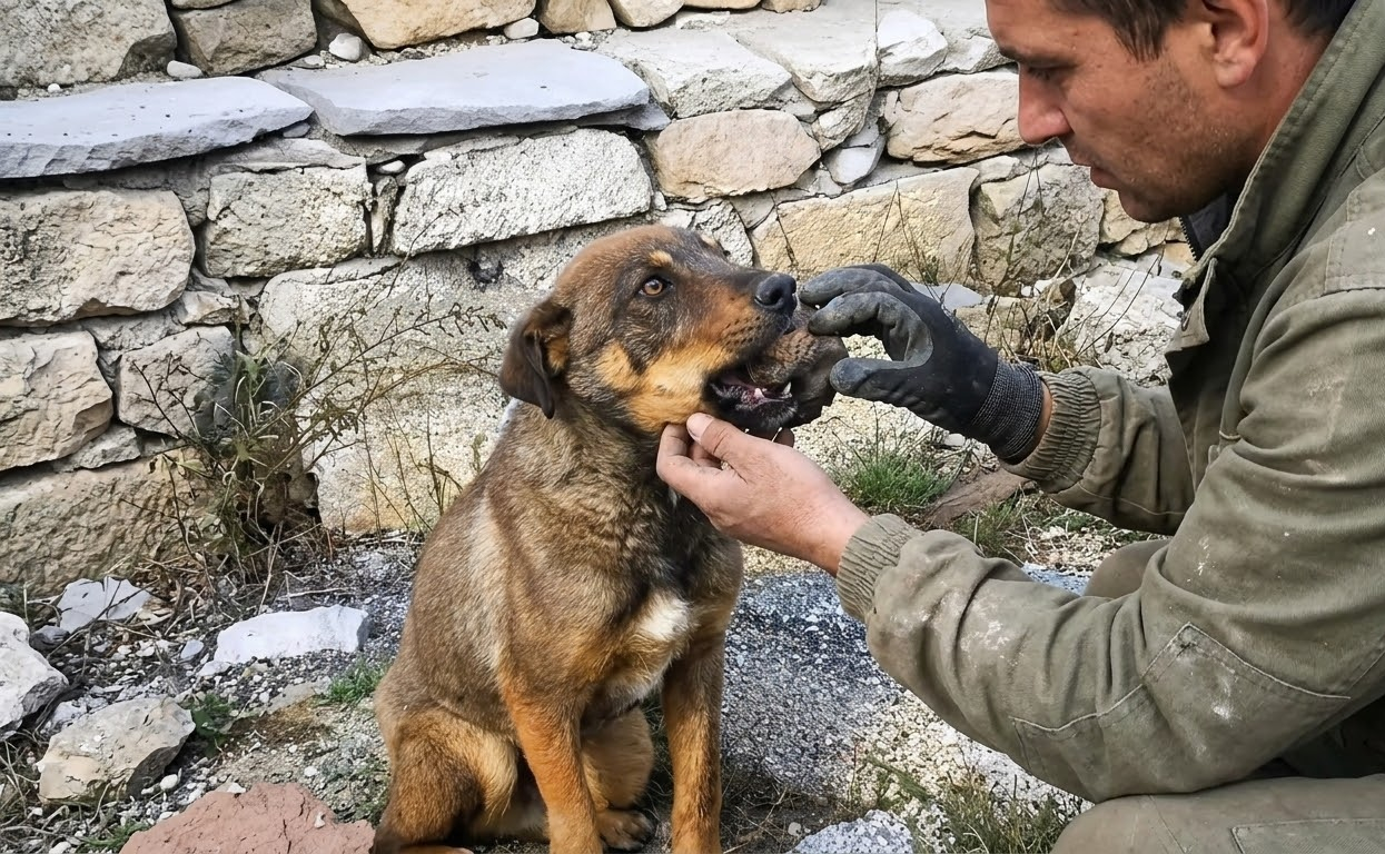 Beside the Stone Wall, an Injured Stray Finally Let Help Come Close