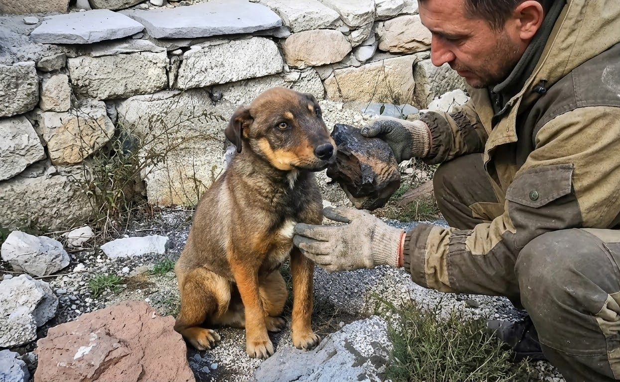 Beside the Stone Wall, an Injured Stray Finally Let Help Come Close