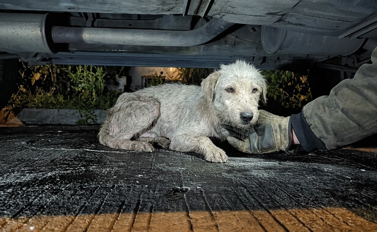 A Terrified Stray Hid Beneath a Car Until Someone Finally Reached Him
