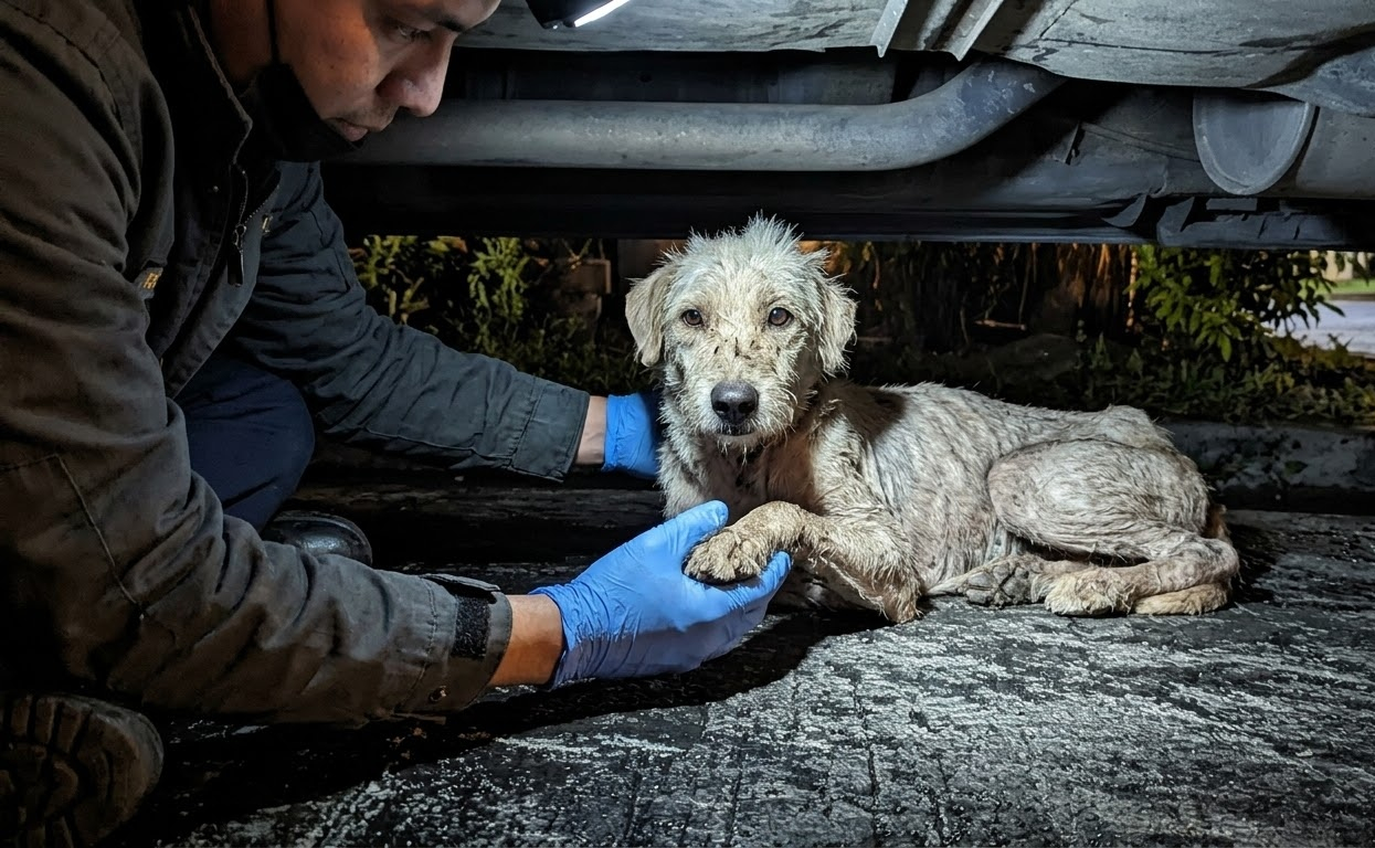 A Terrified Stray Hid Beneath a Car Until Someone Finally Reached Him