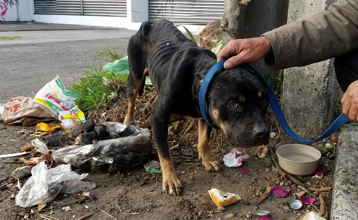 At the Roadside, a Starving Black Dog Searched the Dirt for One More Bite