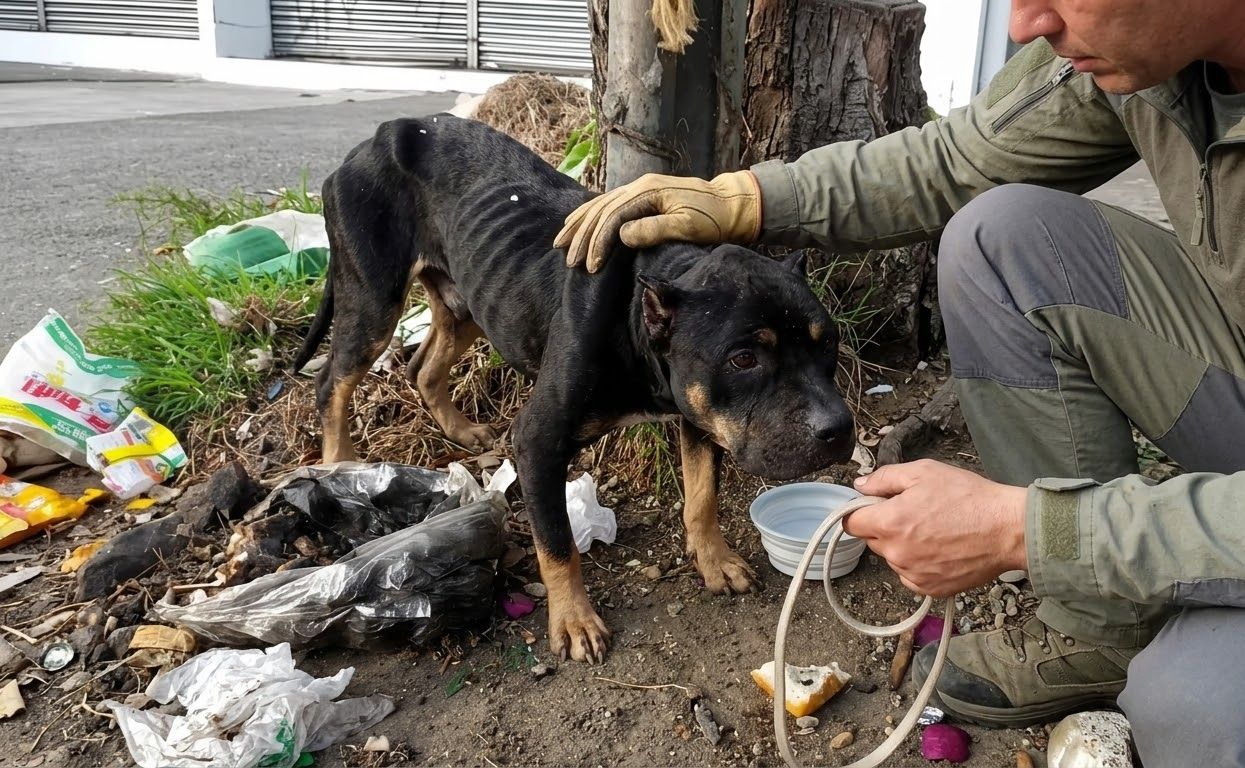 At the Roadside, a Starving Black Dog Searched the Dirt for One More Bite
