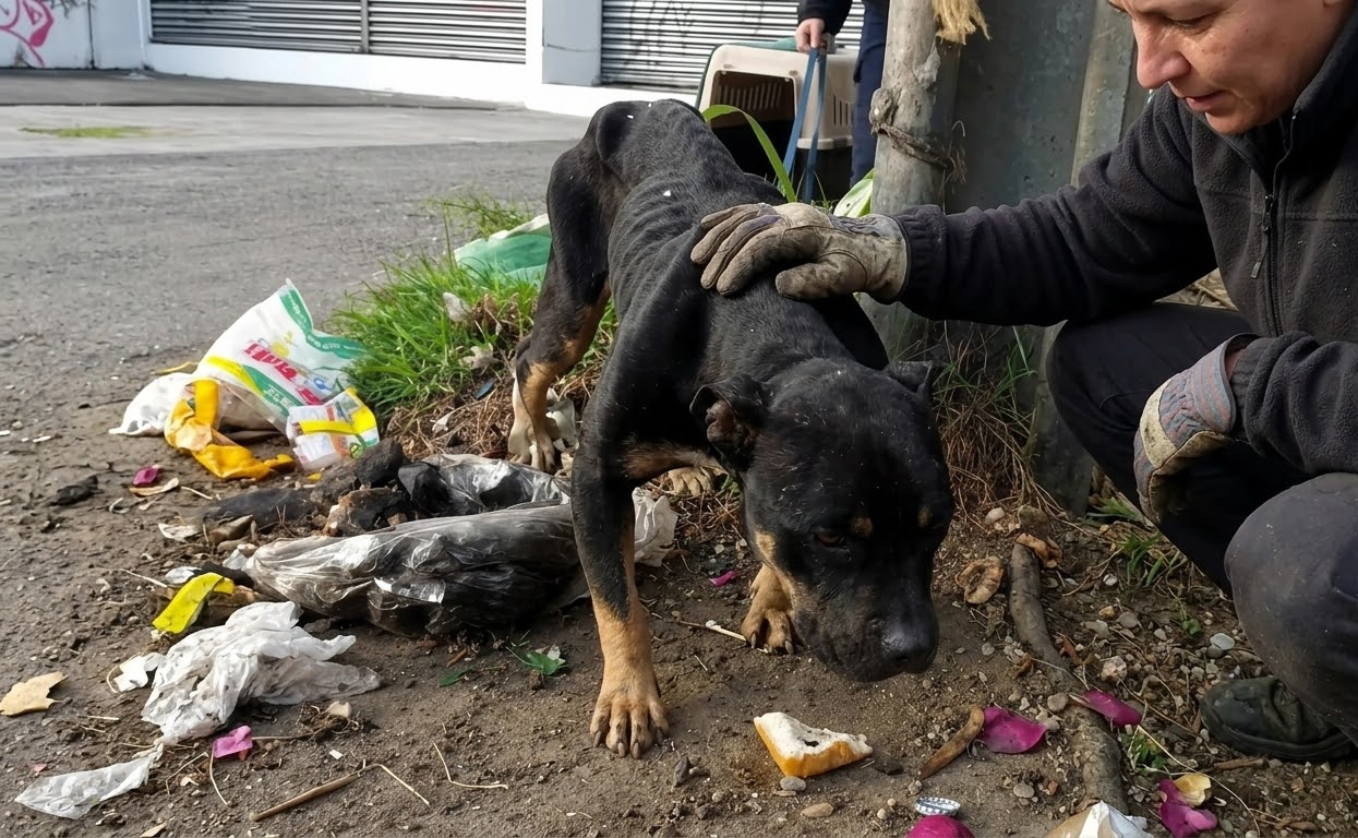 At the Roadside, a Starving Black Dog Searched the Dirt for One More Bite