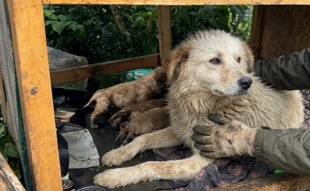 In the Cold Rain, a Nursing Stray Returned to the Only Shelter Her Puppies Had