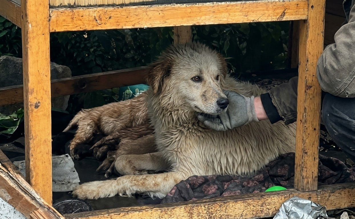 In the Cold Rain, a Nursing Stray Returned to the Only Shelter Her Puppies Had