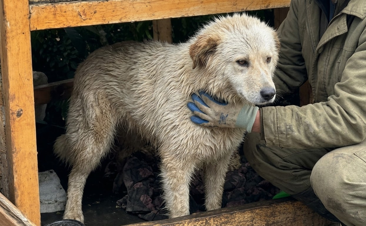 In the Cold Rain, a Nursing Stray Returned to the Only Shelter Her Puppies Had