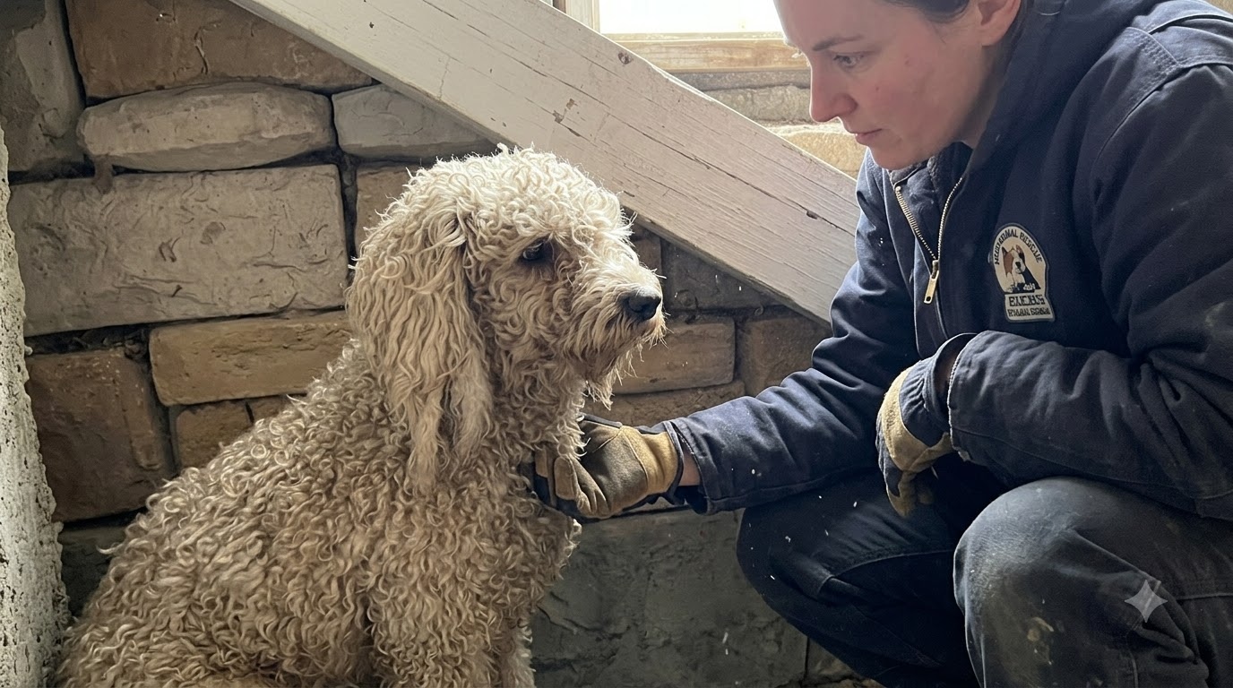 Under a Staircase, a Frightened Poodle Finally Stopped Running