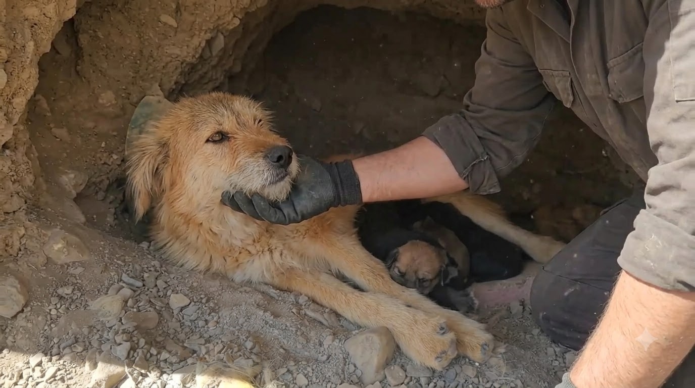 A Mother Dog Shielded Six Puppies From the Cold Until Help Returned